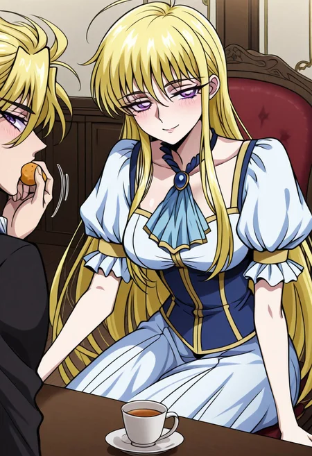 masterpiece, best quality, newest, highres, uncensored, 1girl, yokota mamoru style,1girl, slender face,motion lines,torogao,looking at the viewer,seductive smile,blush
Cecilia,Ahoge Hair, Blonde Hair, Waist Length Hair,Long Hair,Violet Eyes,Large Eyes,Choker,Slim
blonde hair, 1girl, long hair, 1boy, chair, food, table, ascot, indoors, sitting, puffy sleeves, cup,Cecilia,Ahoge Hair, Blonde Hair, Waist Length Hair,Long Hair,Violet Eyes,Large Eyes,Choker,eating together