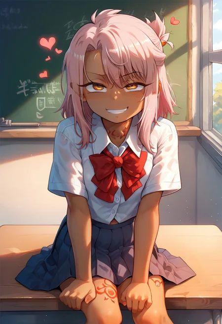 score_9, score_8_up, score_7_up, professional anime,1girl,1girl dark skin,( Chloe "Kuro" Von Einzbern from fate grand order),PonponIP,1girl,dark skin, pink hair, orange eyes, medium hair, stomach tattoo,age regression,short girl,age regression, petite female,short female,flat chests,pleasure,hearts, smug,school uniform,skirt,classroom,sitting on a school bench,looking at the viewer