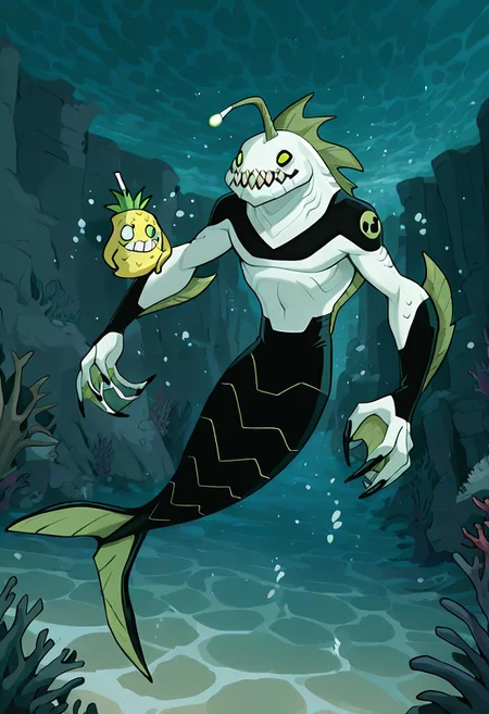 masterpiece, best quality, amazing quality, very aesthetic, absurdres, newest,,
ripjawsov, no humans, sharp teeth, teeth, colored skin, monster, pale skin, angler fish lure, green eyes, small eyes, , monster boy, claws, digimon (creature), fins, , square jaw
underwater, large pineapple, in the sea, SpongeBob in the background,