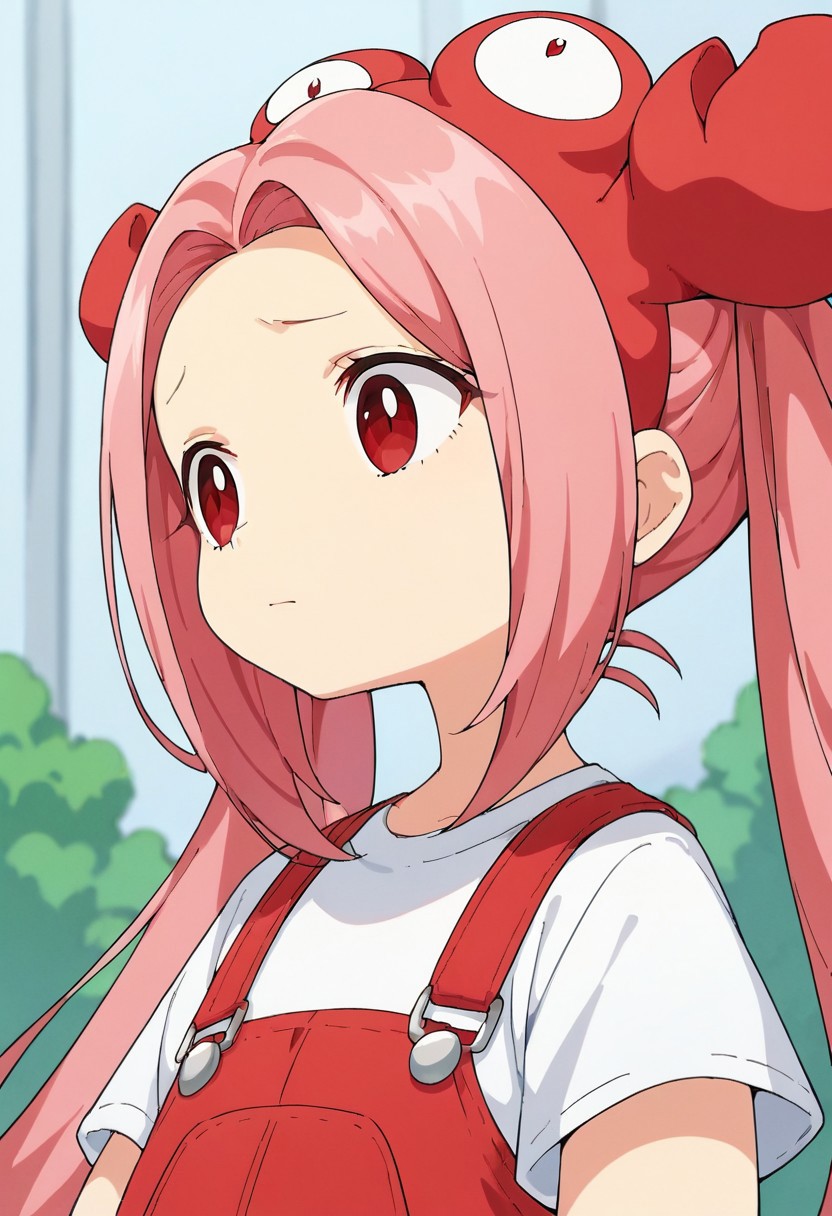 score_9, score_8_up, score_7_up, source_anime,cancer, 1girl, solo, long hair, shirt, red eyes, twintails, closed mouth, white shirt, upper body, pink hair, short sleeves