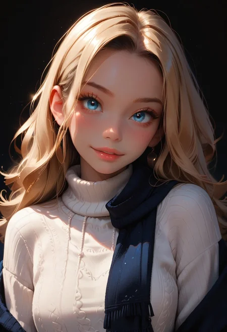 score_9, score_8_up, score_7_up, score_6_up, 
1girl, 18yr old Alice in wonderland, perfect face, cute, petite,
Blue eyes, 
Blonde long hair, ringlets, blue glowing scarf, 
white sweater, long sweater, long sleeves,
Blue layered skirt, 
white thighhighs, 
Close up, smiling
night, dark