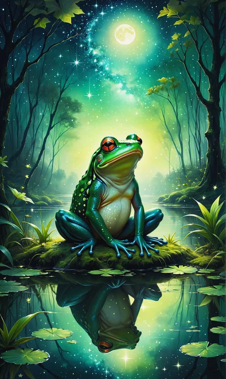 art by David Rees art by Anna Dittmann magical frog sitting next to pond in green wild forest, sparkles, green, splash art, made of stars on a starry night double exposure collage art illustration, silhouette art, moon, fantasy, stars, hdr, vibrant, surrealism, hyperdetailed<lora:xl_more_art-full_v1:0.3>