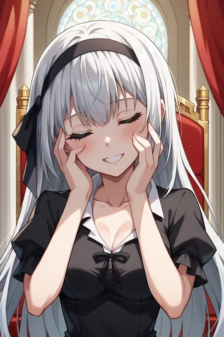 score_9,score_8_up,score_7_up,score_6_up,source_anime, prefect lighting, very aesthetic, intricate details, highly detailed background, masterpiece, high quality, prefect hands, best quality, solo, 1girl,
<lora:Luminous_Valentine_Tensura_V1_r1:.85>white hair, heterochromia, red eyes, blue eyes, long hair, head band,
goth dress, white collared shirt, collarbone, upper body, portrait,
smile, hands on face, teeth, heavy blush, head tilt, closed eyes,
throne room, pillars, curtains,
(Beautiful, medium Breasts:1.2), natural breasts,