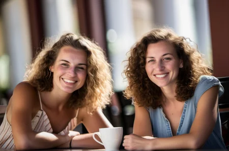 In an endearing close-up photograph, two close young european woman, with radiant smiles and sparkling eyes, sitting in a cafe and looking directly at the viewer. The genuine bond between them is evident in their warm expressions. The background, beautifully blurred through a high depth of field, accentuates the focus on their heartfelt connection. Captured in a Photographic style with a 50mm prime lens, ensuring exquisite facial details and a natural perspective that brings out the authenticity of their friendship. <lora:faces_v2:0.6>