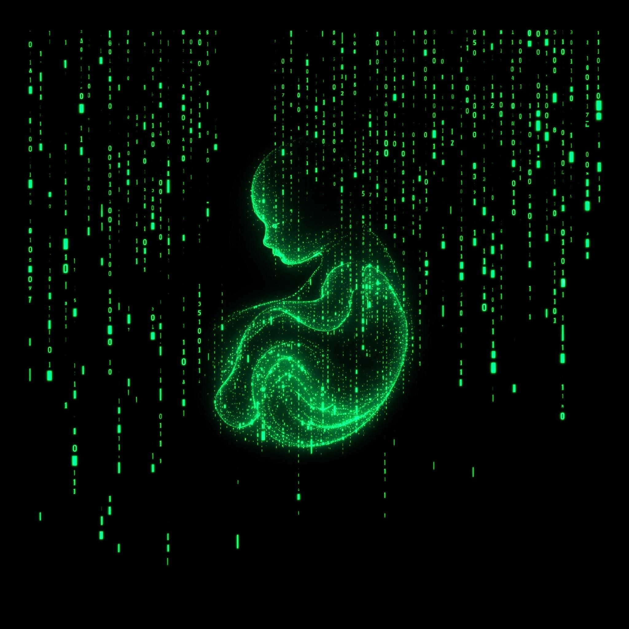 ultrasound detailed sonogram comprised of detailed vertical cascading streams of glowing green Matrix-like code matrix of glowing cascading droplets, forming shape of human embryo of binary machine-code