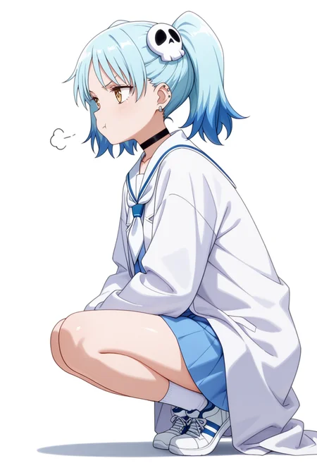 masterpiece,high quality details, absurdres,
<lora:Izutsumi_Marín:0.8>
izutsumi_cnr, 1girl, blue hair,yellow eyes, multicolored hair, skull hair ornament, twintails, black choker,ear piercing,
white sailor collar, blue serafuku, blue shirt,blue skirt,labcoat, white socks, sneakers,, simple background, white background, from side,solo,, pout,frustrated,, uwu,, ultra realistic, high detailed skin,