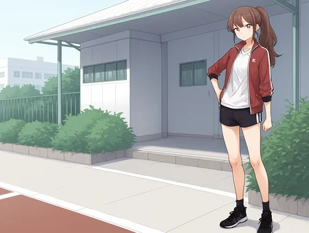 <lora:Yuna_Toomi_-_Illustrious:1> yuna toomi, sketch,
 1girl, solo, looking at viewer, closed mouth, standing, jacket, full body, white shirt, open clothes, shorts, black footwear, open jacket, hand on hip, black shorts, black socks, sneakers, red jacket, track jacket, track suit,
outdoors, behind school building, bush,
masterpiece,best quality,amazing quality,