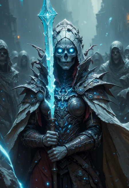masterpiece, high-quality, A ghostly warrior stands amidst a swirling snowstorm, her cracked armor trailing streams of ethereal mist as she raises a glowing, broken spear. The camera focuses tightly on her hauntingly luminous eyes, framed by her weathered, spectral face, as if peering into the viewers soul. Her translucent, skeletal hands grip the spear with unyielding intensity, faint runes glowing along its fractured surface. Behind her, the blurred outlines of shadowy figures rise from the storm, their forms flickering like distant memories, creating a hyperdetailed and eerie, close-up composition filled with raw, spectral energy, <lora:FLUX\FLUX-daubrez-DB4RZ:0.3> <lora:FLUX\Anime v1.3:0.5> <lora:FLUX\DarksunRiddV4:0.6>