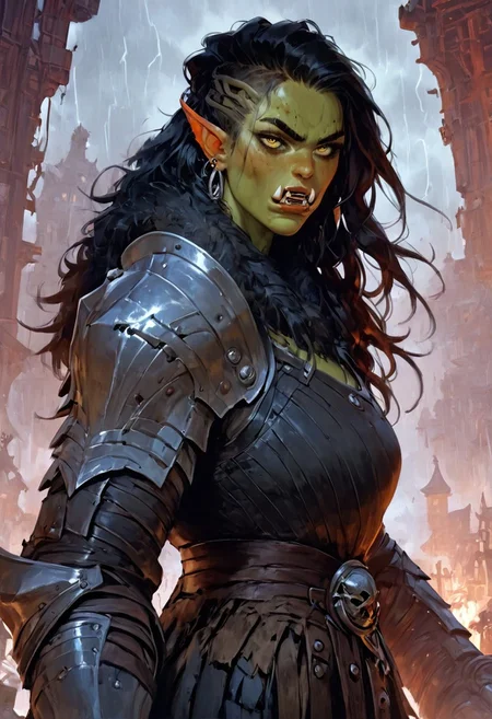 score_9, score_8_up, score_7_up, score_6_up, score_5_up, score_4_up,<lora:Fant5yP0ny:0.8>,cowboy shot, 1girl, (orc woman), (green skin:1.3), fangs, evil paladin, knight, (menacing woman), strong, powerful stance, tall, yellow eyes, black hair, long hair, heavily armored, muscular, large torso, black breastplate, large pauldrons, broad shoulders, metal gauntlets, heavy armor, black fur collar:1.6, looking at viewer, heavy rain, red lightning aura around body, storm in background, town in background, beautifully backlit, depth of field:1.5, (indirect lighting:1.3), (high contrast shadows), (dramatic shadows across face:1.4), cinematic lighting, red fractal clouds and lightnings