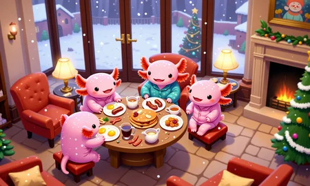 pikaole, axolotl, high-angle shot of a group of pink axolotls enjoying breakfast in a cozy hotel lobby with floor-to-ceiling windows, all wearing tiny pajama sets as they sit at a small table piled high with eggs, sausage, bacon, pancakes, and tiny syrup pitchers; snow falls softly outside, with the scene warmly lit by lamps and natural morning light; tilt-shift effect blurs the plush armchairs, holiday decor, and lobby furniture in the background, creating a warm, inviting breakfast scene with an intimate miniature feel, happy axolotls<lora:Axomodel_Flux_V1.1.safetensors:0.85:0.85> <lora:Pikaole v2 (FLUX)_v2_E6.safetensors:0.75:0.75>