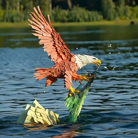 endposit_notesmorph, paper sticky notes,  made from 3m post it notes, post it notes, paper texture Bald eagle catching fish in lake, focus on fish, salmon fish, perfect fish, vibrant colors, morning light