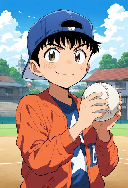 masterpiece,high score,great score,absurdres,goro honda,goro honda\(little league\),1boy,male focus,baseball,solo,hat,baseball cap,backwards hat,building,smile,sky,ball,outdoors,day,holding ball,cloud,jacket,blue headwear,holding,star \(symbol\),upper body,star print,<lora:Goro_Shigeno_V1-1:0.8>,official art,
