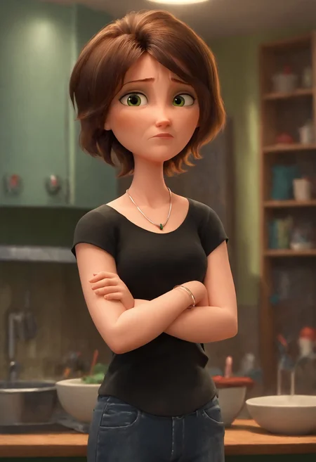 <lora:AuntCassBH6Pony1.0:1>auntcass, 1girl, brown hair, short hair, solo, black shirt, necklace, green eyes, jeans, bracelet, looking at viewer, score_9, score_8_up, score_7_up, score_6_up, score_5_up, score_4_up, looking at viewer, crossed arms, cowboy shot,indoors,