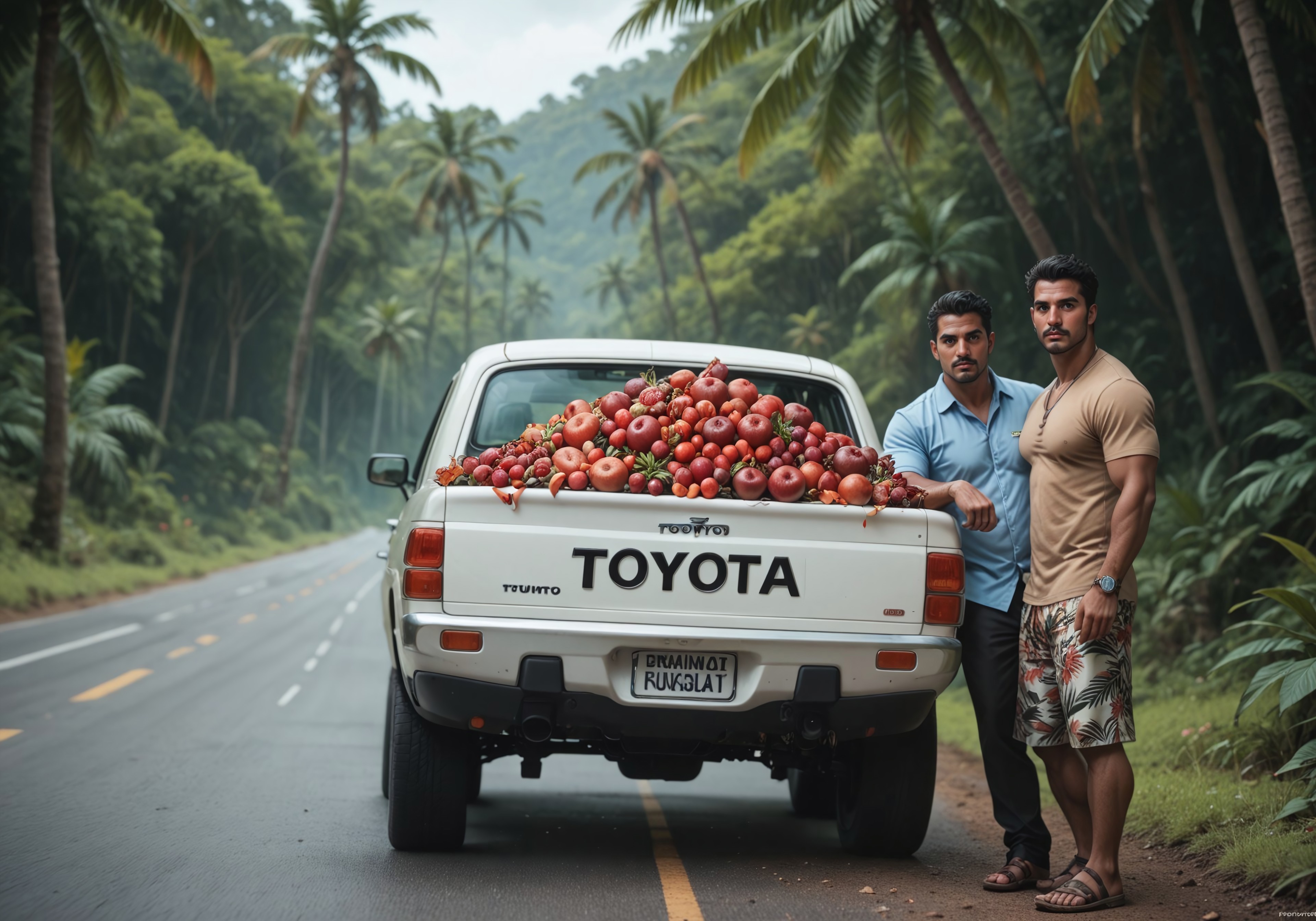 safe_pos, score_9, score_8_up, score_7_up, score_6_up, commix style, two Latino men standing beside a (toyota truck) piled high with ((red fruit)), black hair, mustache, ((dark-skinned)), highway in jungle, street, tropical flowers, blue sky, white clouds, palm trees,