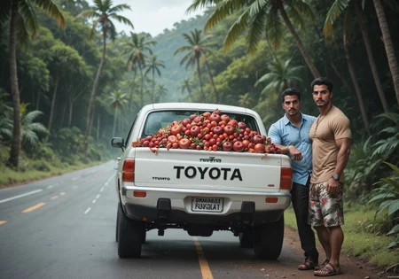 safe_pos, score_9, score_8_up, score_7_up, score_6_up, commix style, two Latino men standing beside a (toyota truck) piled high with ((red fruit)), black hair, mustache, ((dark-skinned)), highway in jungle, street, tropical flowers, blue sky, white clouds, palm trees,