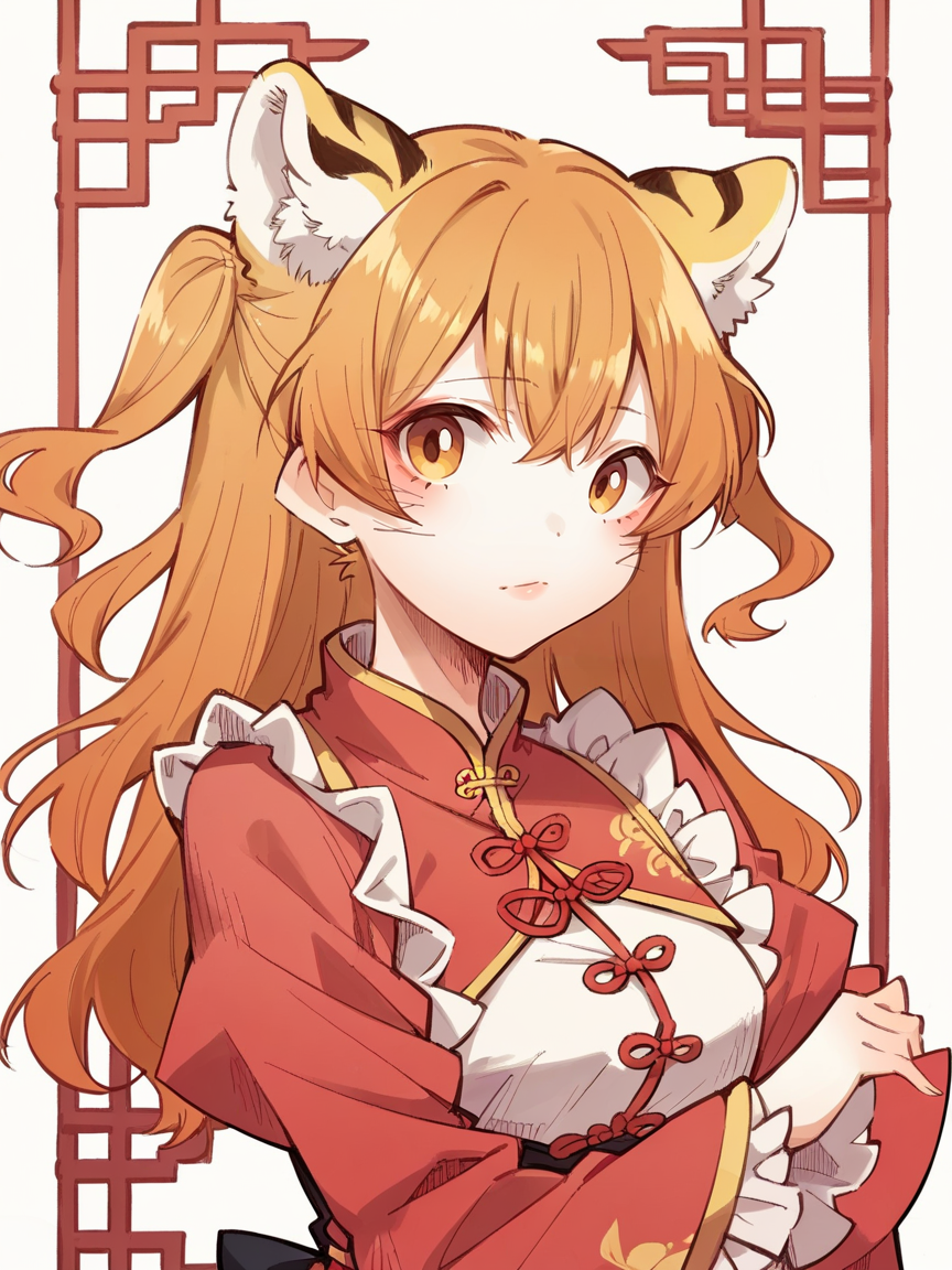 score_9, score_8_up, score_7_up, score_6_up, score_5_up,  <lora:orionlineXLP:1> orionline, chinese clothes, tiger ears, two side up, frilled shirt, 1girl,