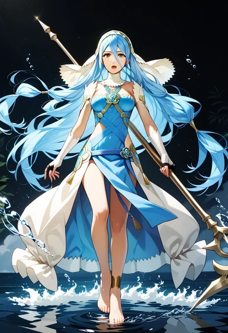 score_9,score_8_up,score_7_up,source_anime,azura (fire emblem),1girl,solo,breasts,open mouth,gloves,dress,holding,jewelry,bare shoulders,medium breasts,full body,weapon,barefoot,fingerless gloves,holding weapon,necklace,water,detached collar,black background,polearm,staff,veil,anklet,