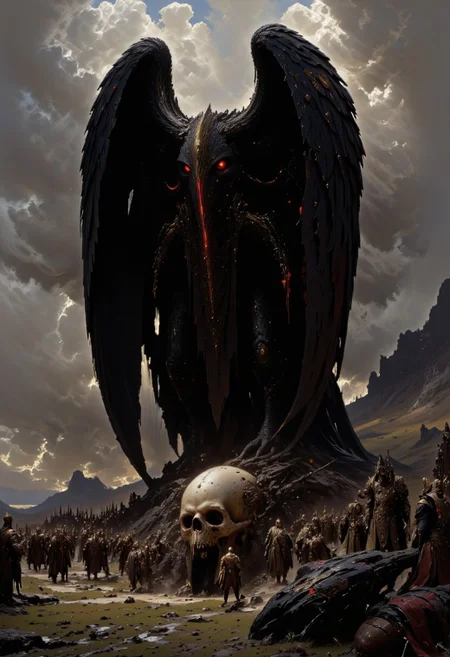 A black raven with 6 red eyes looking at viewer, standing on skull, black feather, on medieval battlefield with corpses,
<lora:flux.1_lora_flyway_Epic-Characters_v1:0.43>