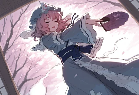 best quality, hires, (thick outlines), sketch, dutch angle,
1girl, solo, saigyouji yuyuko, hand fan, dancing, smile, cherry blossoms, closed eyes, open mouth, floating hair,
