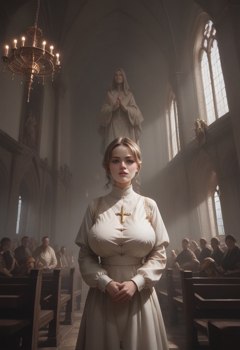 score_9, score_8_up, score_7_up,detailed,1girl, busty Guin as a poor peasant kneeling in a church and folds her hands to pray, multiple men in the background watching her, Guin, focus on her face, breasts and hands, american shot, ruanyi0941,chandelier,church,indoors,statue