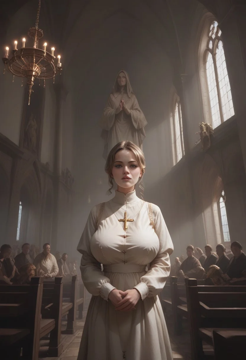 score_9, score_8_up, score_7_up,detailed,1girl, busty Guin as a poor peasant kneeling in a church and folds her hands to pray, multiple men in the background watching her, Guin, focus on her face, breasts and hands, american shot, ruanyi0941,chandelier,church,indoors,statue
