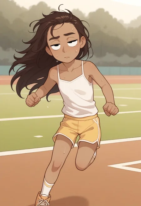 score_8, score_8_up, score_7_up, score_6_up, source_cartoon, BREAK, 1girl, solo, , Loui$e, long hair, dark brown hair, tan skin, black eyes,,,,,, petite,, , , , messy hair, , half closed eyes, heavy sweating, heavy breathing, motion lines, solo, female focus, white camisole, ((yellow tennis shorts)), sneakers, socks, athletics field, running, sprinting, outdoors, full body, flat chest, prefect anatomy,