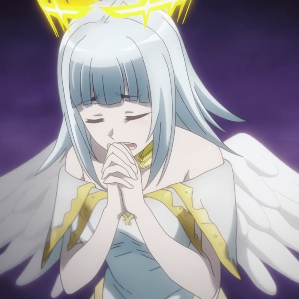 solo, white hair, ultimatia, they're both exposed through dedicated gaps on her white robe., and her eyes are lavender outlined by a light blue. she wears an emblazoned low-necked white robe, apologizing, praying, angial with white wings, ultimatia's looks like a young woman with long, with feathers on the head's sides, giving order, afraid, pale cyan hair reaching her shoulders, and sometimes a mid-air suspended large yellow crown. she has two pairs of pink angelic wings, laughing, ultimatia becomes a white-haired long dragon without legs, happy and excited, on the bottom back. they're both exposed through dedicated gaps on her white robe. in her dragon form, closed eyes, calm, sad