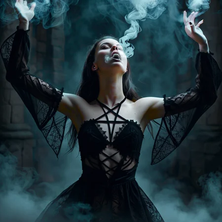 close-up gothicgirl vampire, gothic, red, (pentagram:1.2), (laced:1.2), laces, undead, death, pale white skin, (magic:1.2), (intricate transparent maxidress:1.3), posing, black hair, glowing, loose sleeves, dancing, stone dungeon, <lora:DRKDL:1> drkdl, cold light, dramatic light, (fog:1.2), turtleneck, (smoke from mouth:1.5), (soul:1.3), (ghost:1.3), fangs, (vaporizing:1.3), score_9, score_8_up, score_7_up, hyperrealistic, natural soft skin