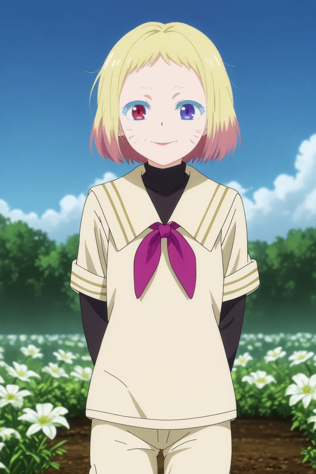 awano kotobuki,1girl,solo,smile,heterochromia,blonde hair,purple eyes,short hair,looking at viewers,gradient hair,facial mark,neckerchief,shirt,school uniform,sailor colla,short over long sleeves,layered sleeves,purple neckerchief,standing,hands behind the back,cowboy shot,close-up BREAK outdoors,blue sky,white flower,field <lora:Awano_Kotobuki_-_Wonder_Egg_Priority.safetensors:0.8> <lora:detailed_backgrounds_v2.safetensors:0.5>