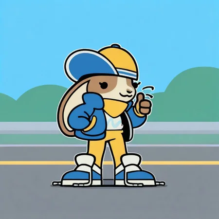 masterpiece,best quality,amazing quality,good quality,absurdres,outline,solo,1girl,peeb,lagomorph,furry female,short stack,two tone body,brown body,rabbit ears,ears down,dot eyes,black eyes,whiskers,blue and yellow headwear,yellow scarf,blue jacket,white shirt,yellow pants,blue footwear,:3,closed mouth,smile,thumbs up,hand in pocket,looking at viewer,full body,outdoors,blue sky