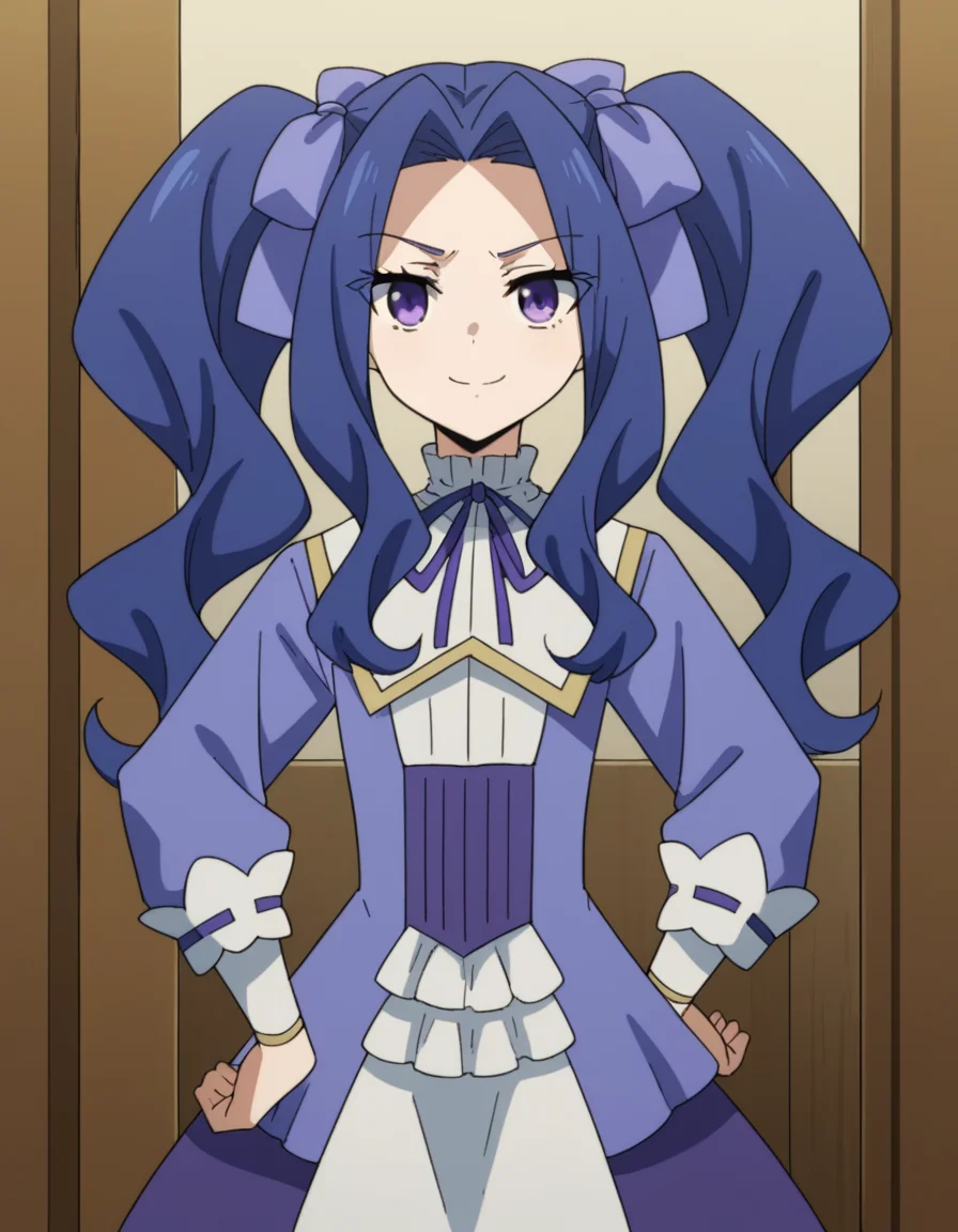 score_9, score_8_up, score_7_up, source_anime, <lora:melty-q-melromarc-s1-ponyxl-lora-nochekaiser:1>, melty q melromarc, long hair, ribbon, twintails, blue hair, purple eyes, hair ribbon, purple ribbon, parted bangs,, long sleeves, dress, frills, ribbon trim, purple dress,, storage room, shelves, boxes, clutter, supplies, smile, smug, hand on own hip,, looking at viewer, solo,, dutch angle, cowboy shot
