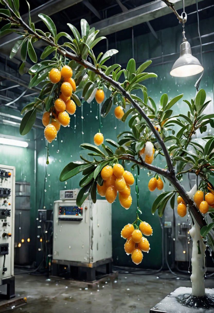 White wax a somewhat realistic photo, kumquats hanging from a branch, something is sightly off, uncanny, green tinted fluorescent lighting, highly detailed background, background of generic electronics, dark factory interior, White wax melting background