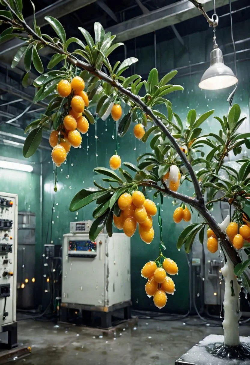 White wax a somewhat realistic photo, kumquats hanging from a branch, something is sightly off, uncanny, green tinted fluorescent lighting, highly detailed background, background of generic electronics, dark factory interior, White wax melting background