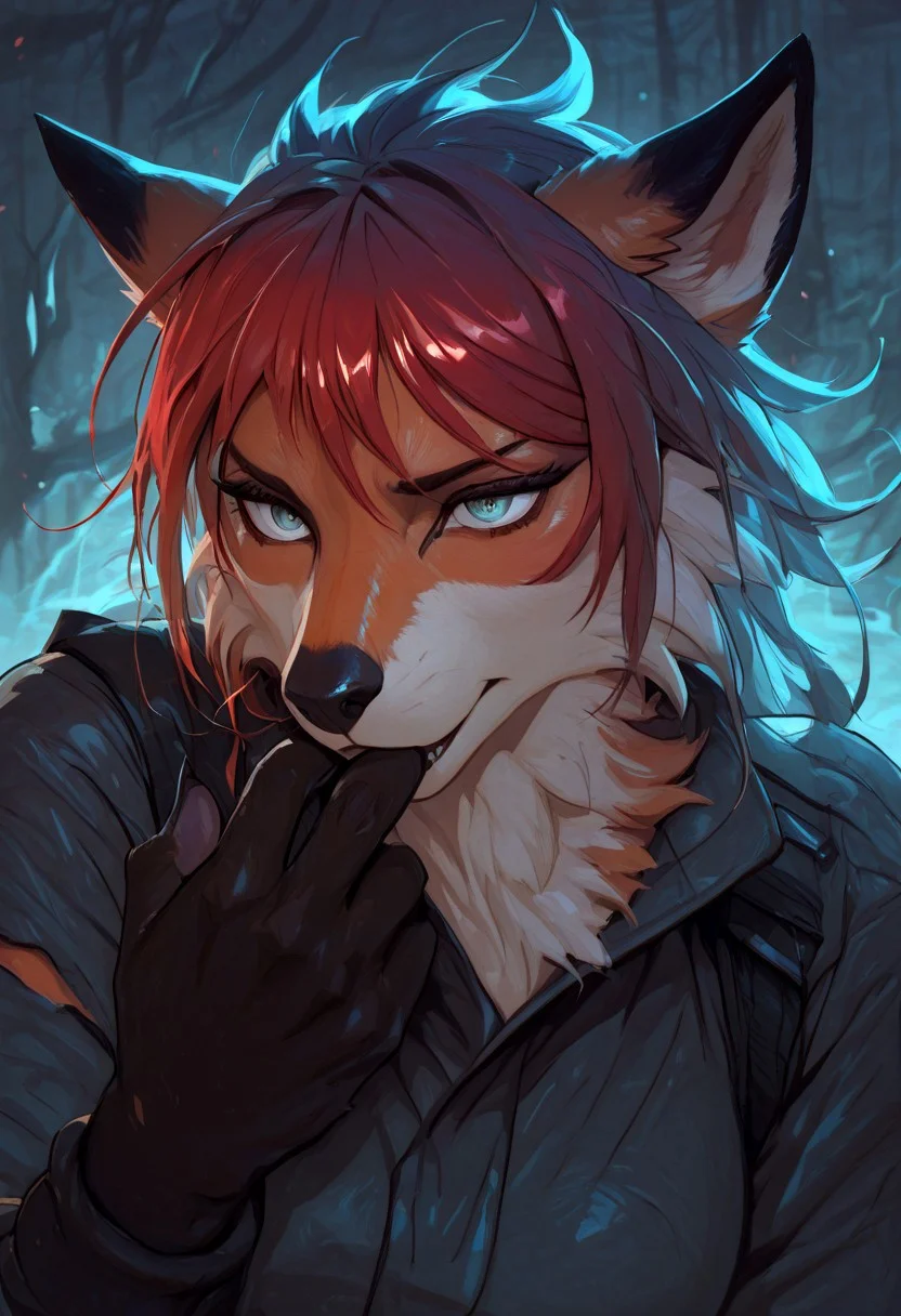 A turquoise-colored furry fox scribe. Ash-colored hair. She is wearing a scientific jumpsuit that is torn in several places. transformation into a fox. a laboratory filled with gas. Silent surprise. Doused with something. The Orphen sirius style. JuliaTDC Style~ArtS.