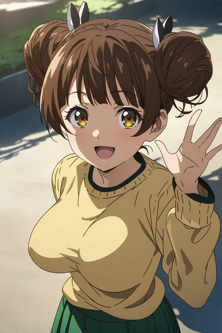 fujinoki_nene, brown hair, brown eyes, large breasts, twin hair buns, inner white shirt, yellow sweater, portrait, smile, open mouth, green skirt, pleated skirt, cowboy shot, looking at viewer, anime coloring, <lora:XL-FujinokiNene:1>, (masterpiece),(best quality),(ultra-detailed),(best illustration),(best shadow),(absurdres),(detailed background),(very aesthetic),