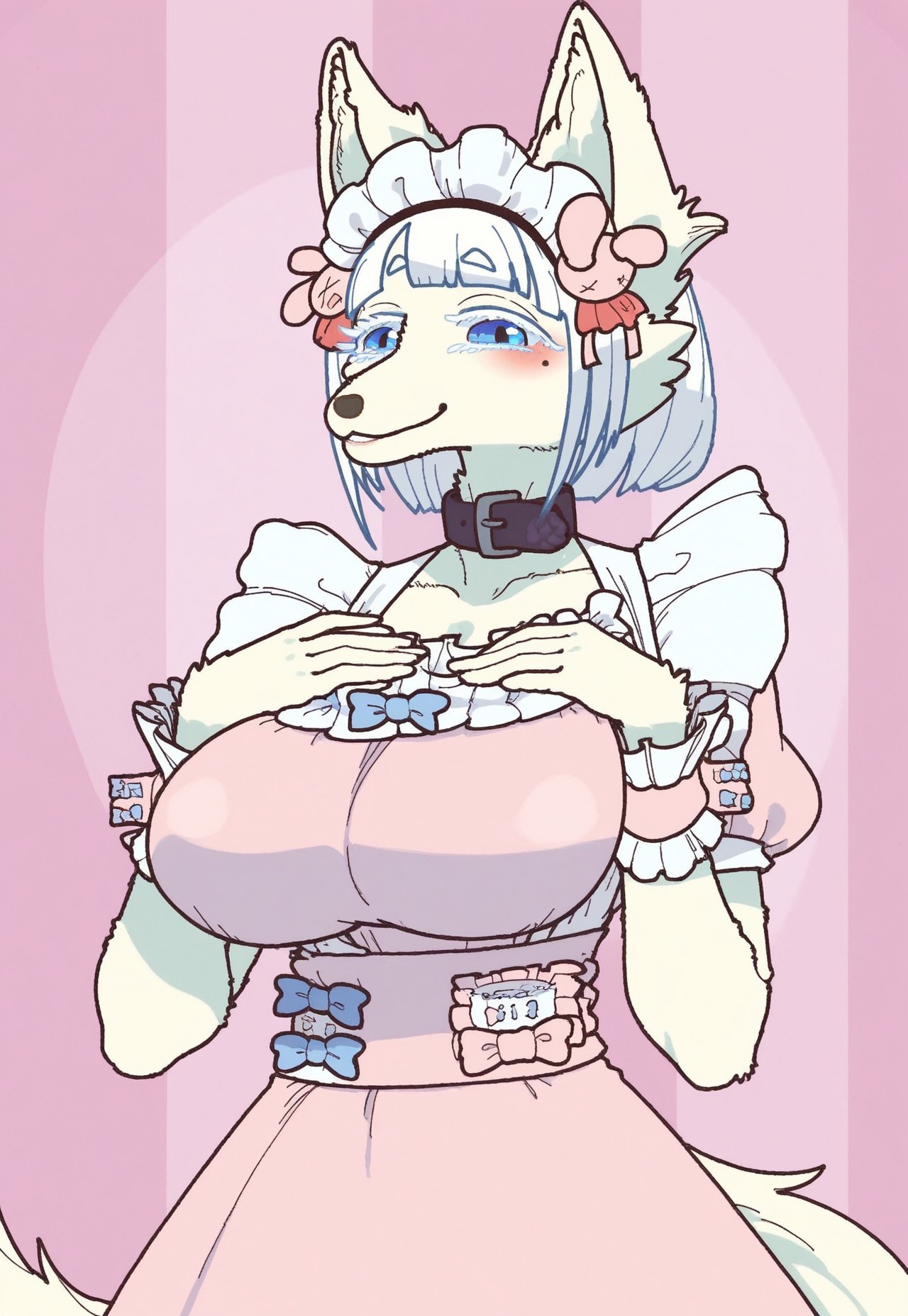 safe_pos, safe_pos, score_9, score_8_up, score_8. score_9, score_8_up, score_7_up, score_6_up, masterpiece, 4k, high quality, (best quality:1.1), ExpressiveH, 
BREAK
1girl, dress, breasts, wrist cuffs, collarbone, happy, puffy sleeves, mole under eye, blue eyes, looking at viewer, facing viewer, front view, narrowed eyes, grin, fox ears, closed mouth, frills, body fur, furry female, animal nose, pink dress, black glooves, hands above chest, tail, white hair, blue hair, blunt bangs, furry, animal ears, huge breasts, pink background, portait, cute, blushing