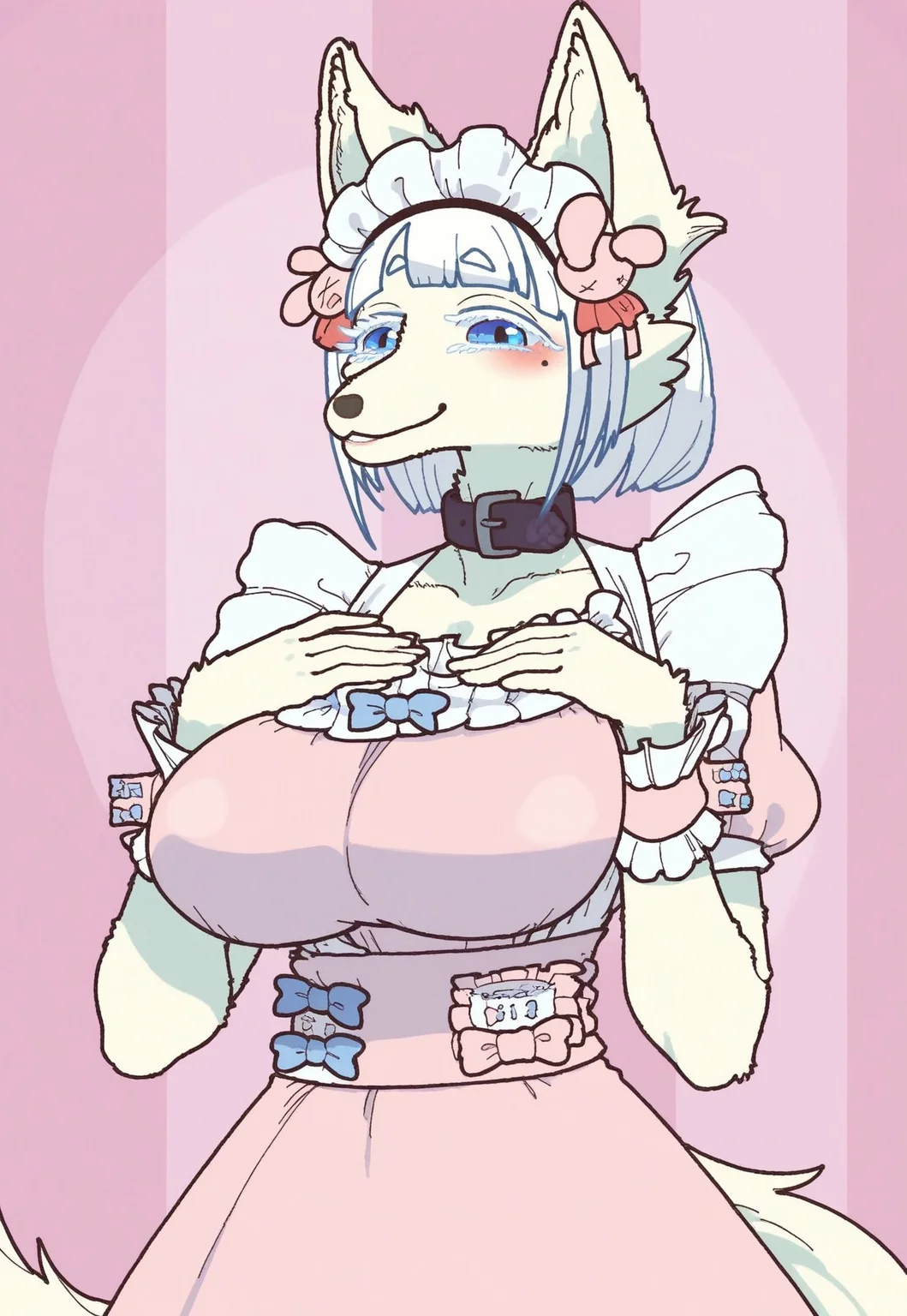 safe_pos, safe_pos, score_9, score_8_up, score_8. score_9, score_8_up, score_7_up, score_6_up, masterpiece, 4k, high quality, (best quality:1.1), ExpressiveH, 
BREAK
1girl, dress, breasts, wrist cuffs, collarbone, happy, puffy sleeves, mole under eye, blue eyes, looking at viewer, facing viewer, front view, narrowed eyes, grin, fox ears, closed mouth, frills, body fur, furry female, animal nose, pink dress, black glooves, hands above chest, tail, white hair, blue hair, blunt bangs, furry, animal ears, huge breasts, pink background, portait, cute, blushing
