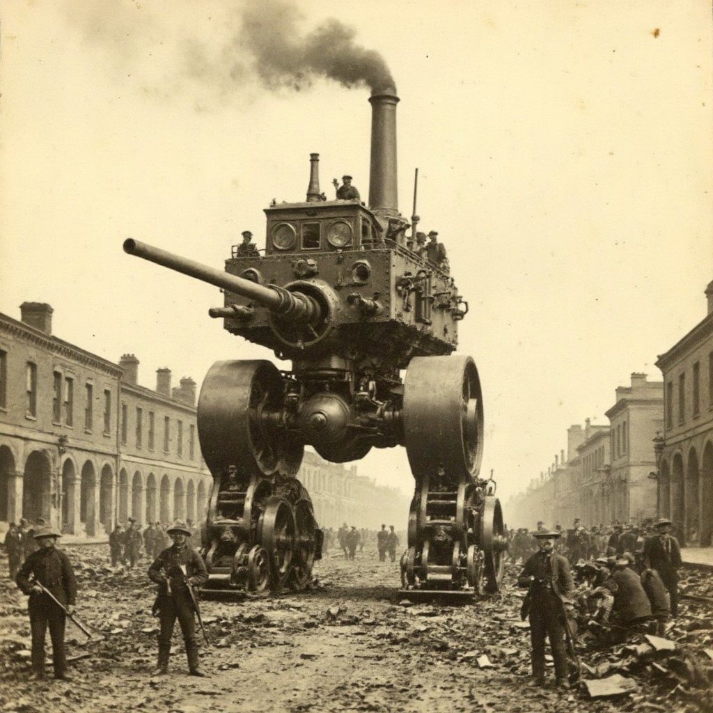 An aged worn sepia monochrome 1800s photograph of a steam powered mecha, turret with large canon, armless, no arms, walking robot, smokestacks up top, thick black smoke, walking through a war-damaged city, Civil War era soldiers with rifles scouting