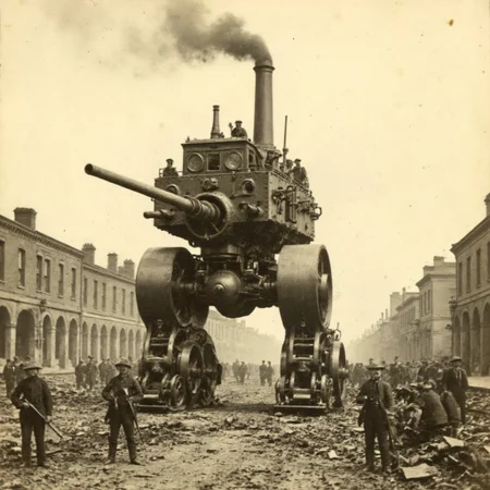 An aged worn sepia monochrome 1800s photograph of a steam powered mecha, turret with large canon, armless, no arms, walking robot, smokestacks up top, thick black smoke, walking through a war-damaged city, Civil War era soldiers with rifles scouting