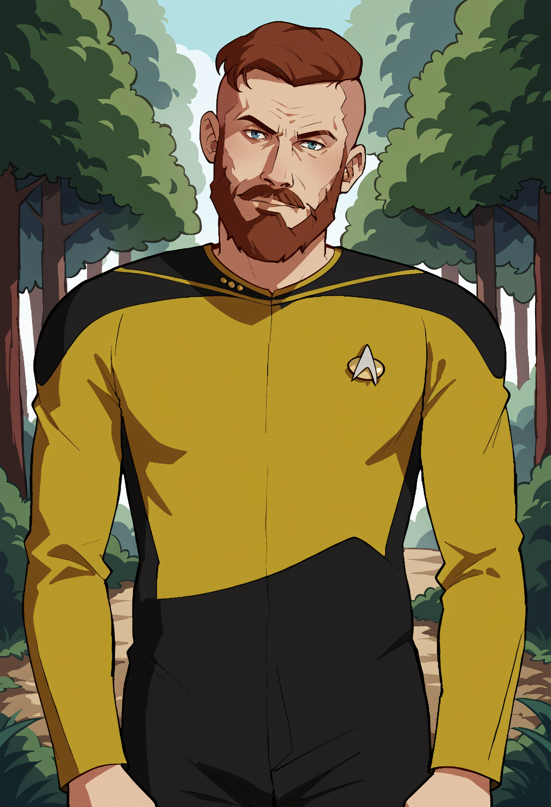 score_9, score_8_up, score_7_up, BREAK 1boy, solo, mature male, looking at viewer, portrait, beard, mustache, blue eyes, short hair, undercut, standing, head tilt, outdoors, forest path, sunny, <lora:Jacob_Seed_2:0.93>
sttng1,star trek yellow uniform,black shoulders,black pants,long sleeves,yellow and black jumpsuit,
,<lora:TNGS1-000030>