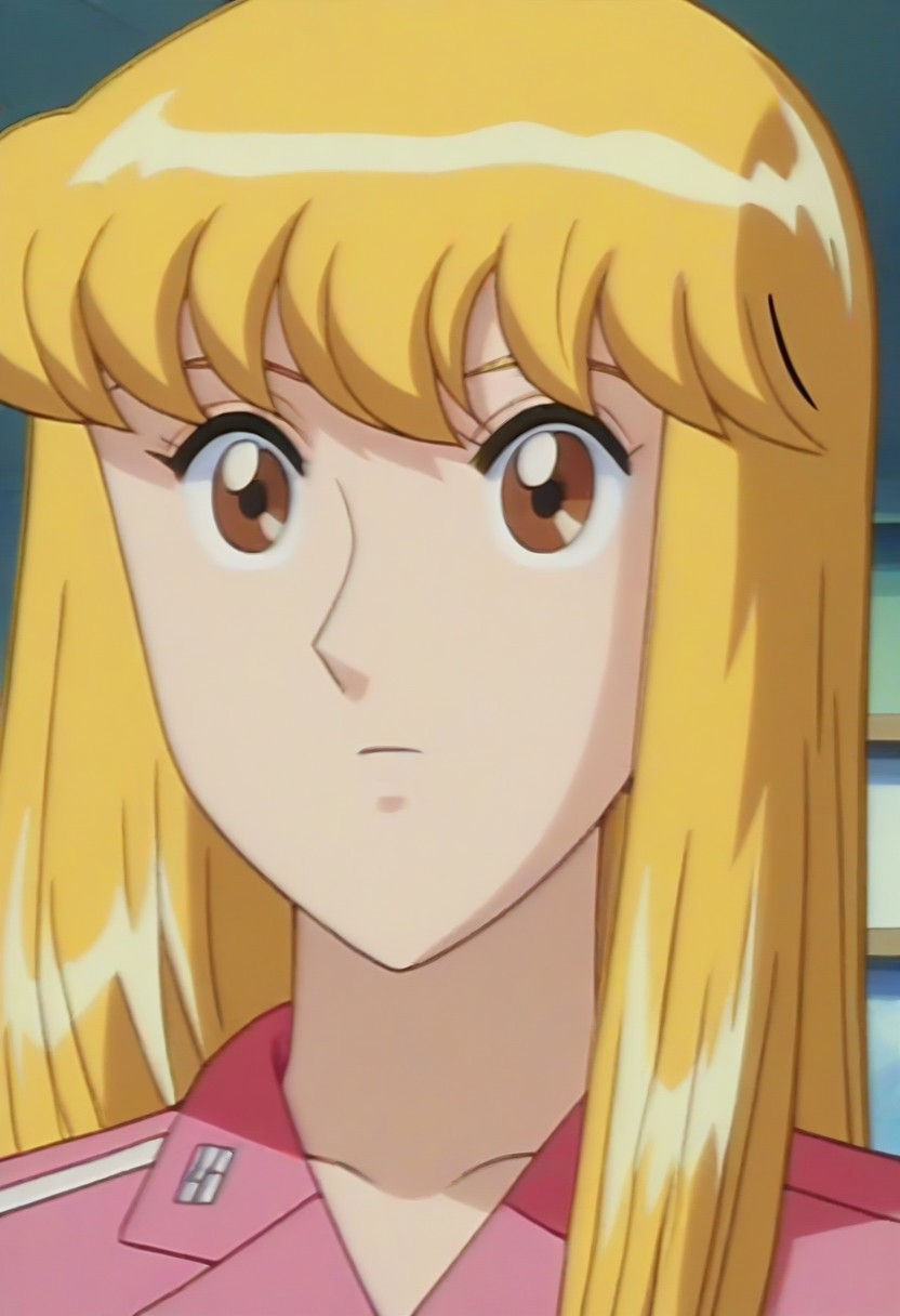 masterpiece, best quality, , anime screencap, anime coloring, official style,uncensored,1girl, solo, (kochikame, akimoto reiko, huge breasts, blonde hair, pink suit),