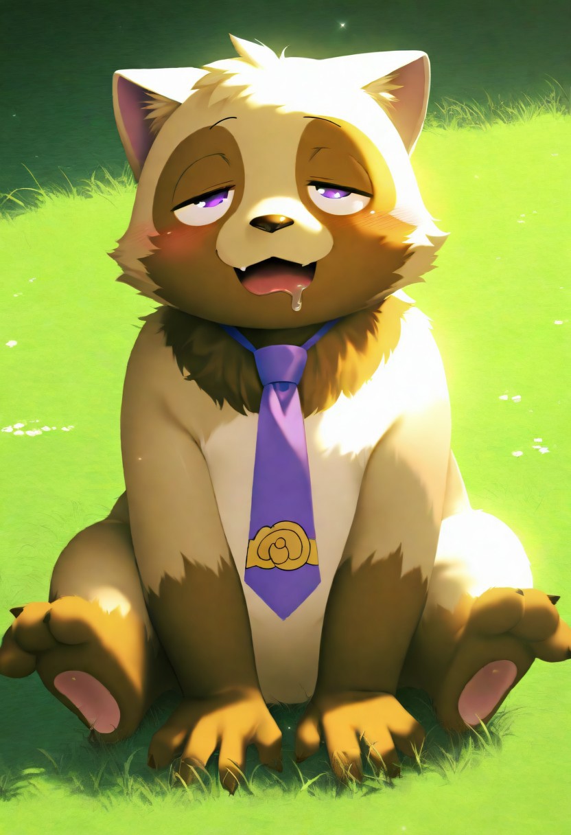will (will javatanuki), blueberries_typealens, nyalia, momowaa, r5k8m, 748cm, purple eyes, purple tie, full view, sitting on grass, open mouth, drooling, blushing, 1boy, solo, furry, cute, kemono, masterpiece, best quality, very awa, very aesthetic, absurdres