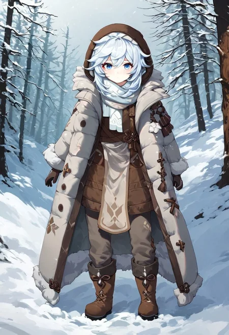 Score_9, score_8_up, score_7_up, Genshin Impact Style, source_anime, snow, ice forest, 1girl, solo,
White hair, tattered fur hood over hair, grey fur hood, tattered fur snow coat, pale blue eyes, standing, facing viewer, staring at viewer, tattered brown cloth around chest, white cloth around chest, white ragged cloth, white ragged scarf, white snow gloves, grey fur boots, dark grey pants, snow boots, black snow boots