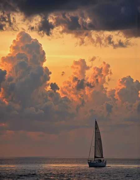 This is a high-quality photograph capturing a dramatic seascape during sunset, featuring a sailboat in the foreground. The image is taken with a wide-angle lens, likely using a DSLR camera with settings around f/8 aperture, 1/125 shutter speed, and ISO 100. The sailboat, positioned in the lower right third of the image, is silhouetted against the golden-orange sky, creating a strong leading line that draws the eye towards the horizon. The sky is dominated by large, fluffy cumulus clouds, painted in hues of orange, pink, and purple by the setting sun, adding depth and texture. The calm sea below reflects the sky's colors, enhancing the serene yet dynamic composition. The background remains in focus, emphasizing the vastness of the sky and ocean. The natural lighting from the sunset provides a warm, golden glow, contributing to the overall aesthetic quality of the image, which is very high. <lora:Landscapes_II_epoch_8:0.9>