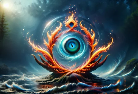 Harmonious fusion of elements, earth air fire earth and ether combined in a pentagonal shape in seamless integration, earth grounding and stable, water flowing and fluid, air swirling and free, fire vibrant and warm, united in perfect balance, elements intertwining gracefully, serene and dynamic, vibrant flames, coexistence of contrasts, nature's optimal quality, synergy of forces, essence of unity, balanced natural forces, peaceful coexistence, elemental harmony, timeless and eternal, highly detailed, masterpiece, 32k, UHD quality, pentangle, all of this inside the big cyclopic eye