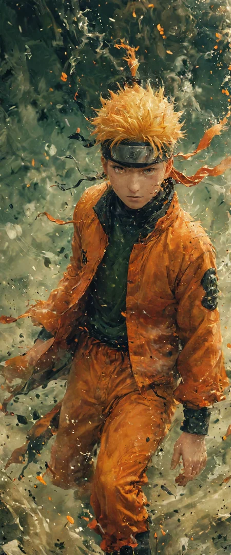 aestetic illustration, detailed photo, Low Angle shot, Naruto Uzumaki (anime), yellow background, vivid green colors, Create long narrow light sources for dramatic lighting effects <lora:SDXL-彿½®-泼墨_V1:0.8> ananmo