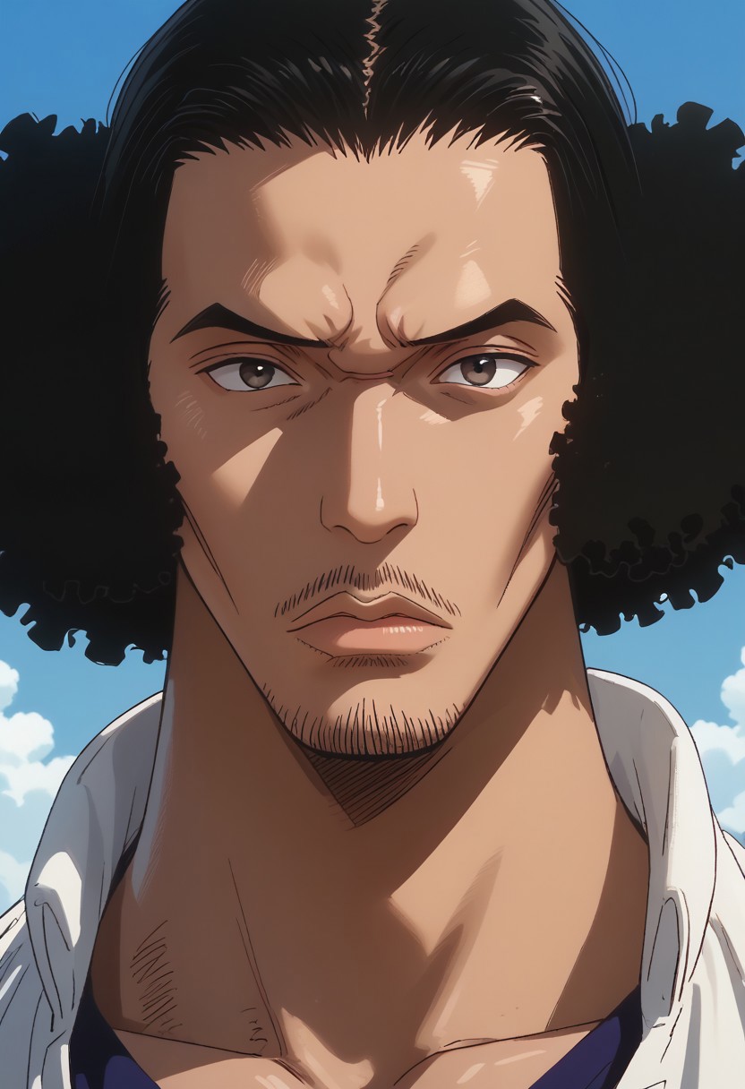score_9, score_8_up, score_7_up, source_anime, rating_safe, KuzanOP, black_Kuzan_eyes, black_Kuzan_hair, black_Kuzan_facial hair, 1boy, male focus, anime screencap,