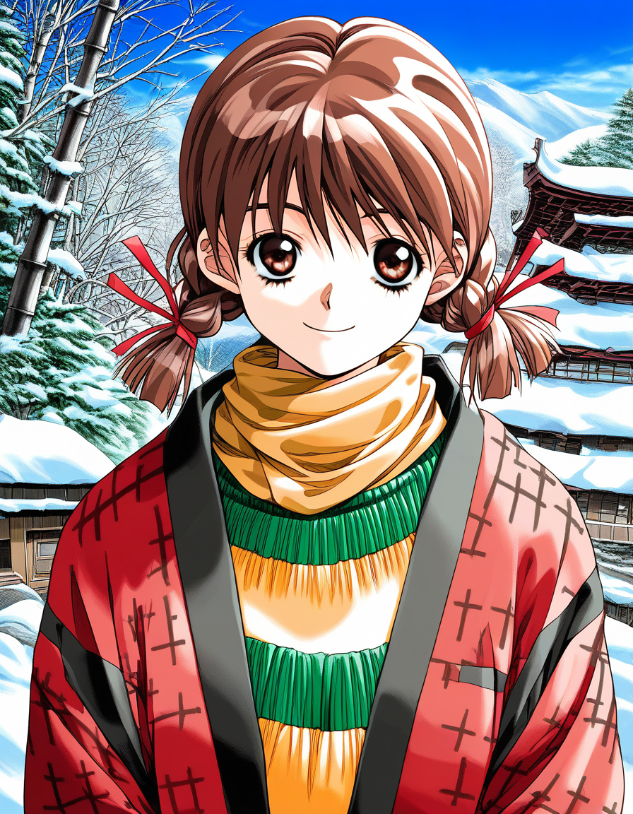 score_9, score_8_up, score_7_up, source_anime, rating_explicit, BREAK <lora:Nagashima_Kumiko_XL:1>Nagashima_Kumiko, brown hair, brown eyes, hair ribbon, red ribbon, twin braids, bangs, short twintails,
1girl, solo, snow, outdoors, day, smile, sky, long sleeves, 1990s (style), winter, house, looking at viewer, tree, sweater, blue sky, mountain, upper body, turtleneck, building, cloud, hanten (clothes), nature, east asian architecture, haori, scarf, architecture, bamboo, closed mouth, shrine, japanese clothes, pine tree, red ribbon, open clothes, forest, jacket, light smile