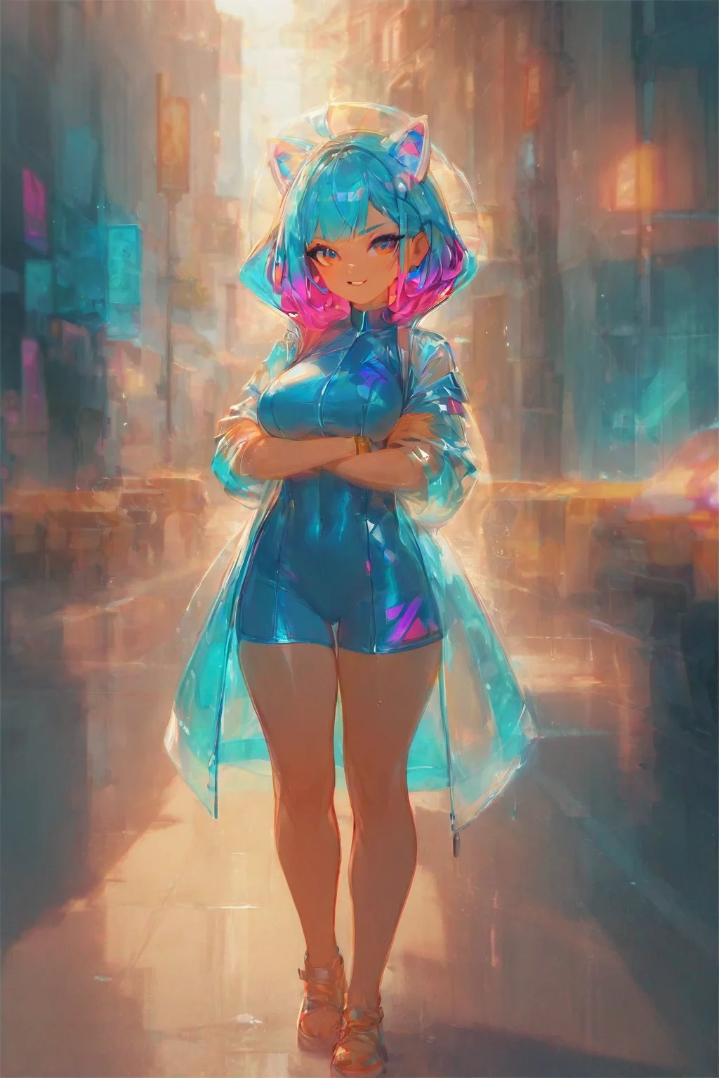 1girl, xinsir glitch, milf, standing, barefoot, street, raincoat, cyberpunk, neon, crossed arms, upper body, sfw, clothed, sunlight
score_9, score_8_up, <lora:xinsir_glitch_1024x:0.9>,