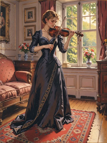 masterful impressionism oil painting titled "the violinist", painted in soft, expressive brushstrokes, a serene interior scene of a 19th-century living room bathed in dappled morning sunlight, the focus is on a beautiful woman with fair skin and strawberry blonde hair, her hair styled in a loose, elegant updo, she is standing gracefully on a luxurious carpet as she plays a violin, her delicate hands expertly holding the instrument, her expression is peaceful and absorbed, as if lost in the melody. she is dressed in a midnight black satin gown with puffed sleeves and a lustrous sheen, the fabric flows elegantly with intricate lace detailing at the cuffs and neckline, the dress catches the morning light, revealing subtle folds and textures, her hair glows softly in the sunlight streaming through a large window behind her. the background features a tall, paned window, framing a view of lush greenery outside, the vibrant leaves and foliage create a harmonious contrast to the warm, muted tones of the room, on the windowsill, a single vase holds a delicate arrangement of colorful flowers, their petals painted with lively, impressionistic strokes, adding a touch of charm and vibrancy to the scene. the interplay of light and shadow creates a tranquil and intimate atmosphere, with soft crepuscular rays filtering through the window and casting dappled patterns across the room, the light dances on the fabric of her gown and the polished wood of the violin, enhancing the textural details. the composition captures the quiet elegance of the moment, with the woman and her violin forming the focal point, while the lush greenery and floral accents provide balance and depth to the setting, the gentle curves of her posture and the fluidity of the brushstrokes evoke a sense of grace and elegant beauty. oil on canvas, warm and cool tones are delicately balanced to emphasize the interplay of light, texture, and mood, the brushwork is expressive yet detailed, capturing the rich textures of fabric, wood, and natural elements, the intimate composition invites the viewer into this tranquil, harmonious world, impressioniststrokes,
<lora:style-impressionist_strokes-flux-by_daalis:1.0>
<lora:image_upgrade-flux-by_zeronwo7829:1.0>